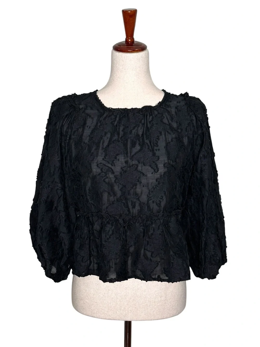 Free People Callie Black Textured Puff-Sleeve Peplum Blouse. Bohemian. Festival
